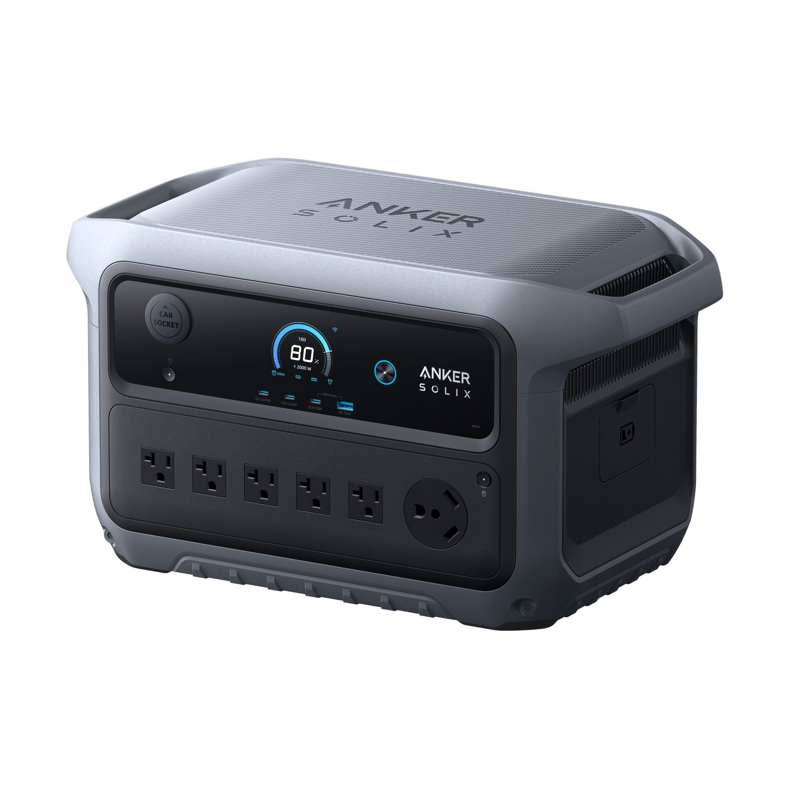 Official Anker SOLIX studio photo of the C2000 Gen 2 portable power station, two tone gray case with dual top handles, color display, and a row of AC outlets.
